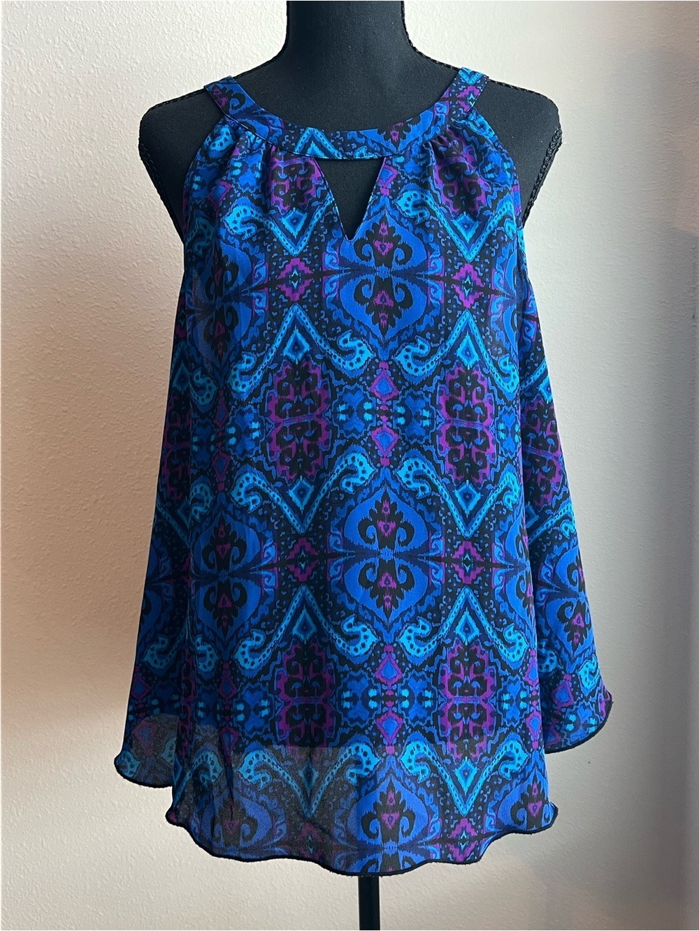 Express Blue and Purple Patterned Flowy Sleeveless Halter Blouse